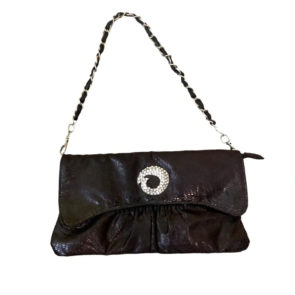 Black Purse Shiny Double Button Closure Silver Chain